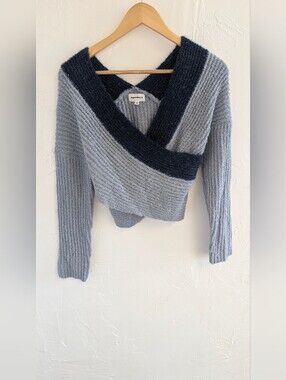 Superdown Blue & Navy Off-Shoulder Wrap Sweater XS | Soft Knit Cropped Top